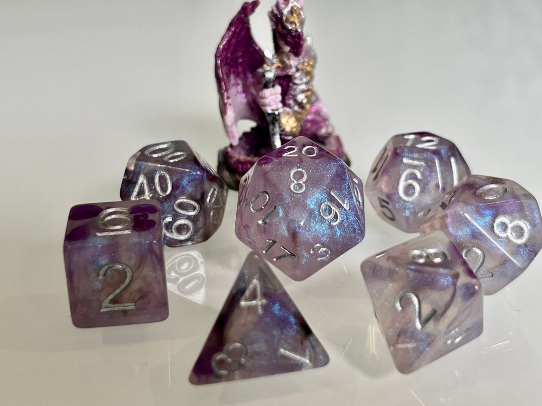 Hypnotic Pattern Purple Shimmer Polyhedral Dice for RPG Games like